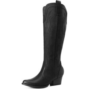 Womens Faux Leather All Black Embroidered Side Zipper Chunky Heel Tall Boot